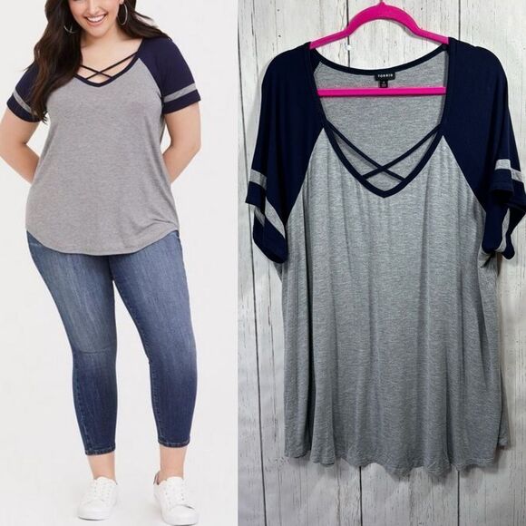 Torrid Crisscross Straps Short Sleeve Shirttail Hem V Neck Varsity Stripes Tee - Picture 1 of 11